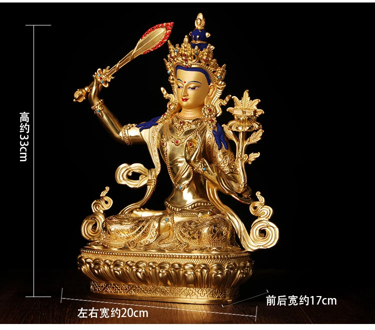 GOOD- HOME Temple  Protection Tibetan Buddhism GOLD Manjusri Bodhisattva Guan yin buddha statue 33CM