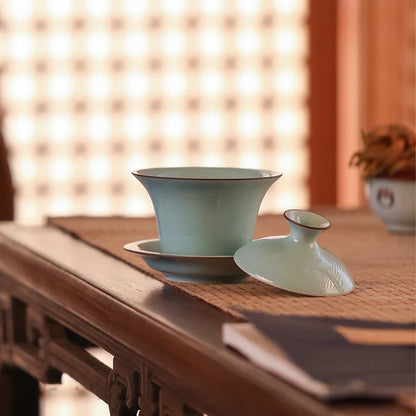 GUANFU (GUANFU) Guanfu Museum Longquan Celadon Sancai Gai Bowl Tea Cup Tea Cup Master Cup Gai Bowl Kung Fu Tea Set Song Yun Tea