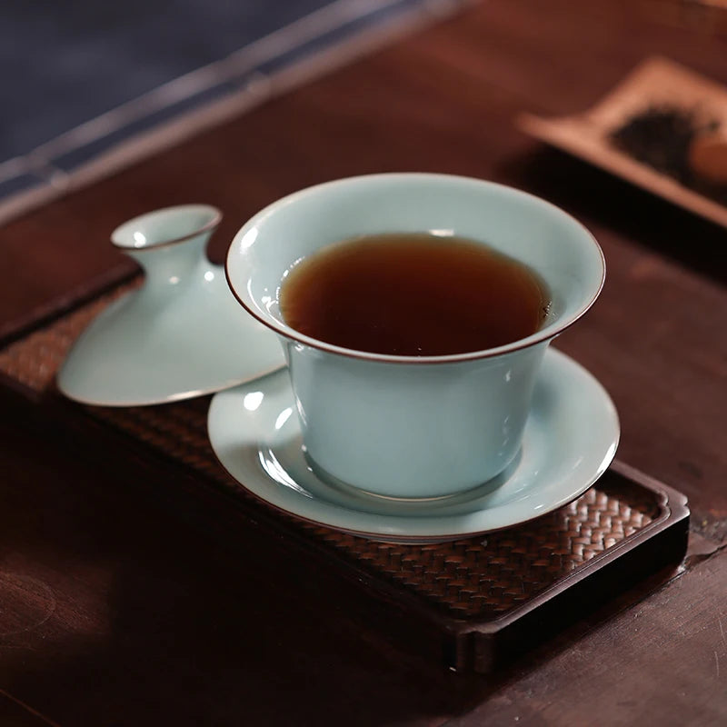 GUANFU (GUANFU) Guanfu Museum Longquan Celadon Sancai Gai Bowl Tea Cup Tea Cup Master Cup Gai Bowl Kung Fu Tea Set Song Yun Tea