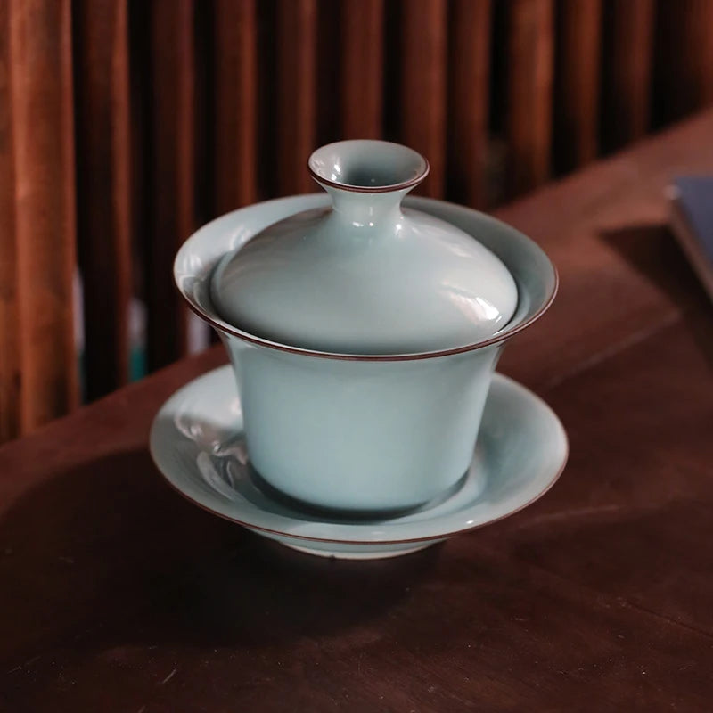 GUANFU (GUANFU) Guanfu Museum Longquan Celadon Sancai Gai Bowl Tea Cup Tea Cup Master Cup Gai Bowl Kung Fu Tea Set Song Yun Tea