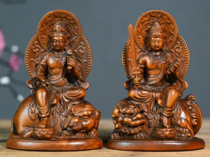 GY029 -12 x 8 x 6 CM Carved Boxwood Figurine Carving - Pair Bodhisattva Manjusri Buddist Sculpture Home Decor