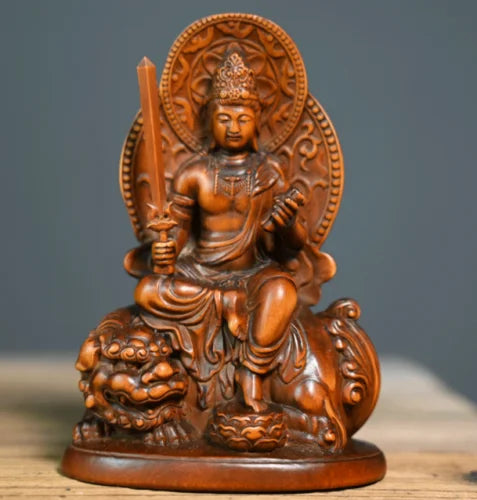 GY029 -12 x 8 x 6 CM Carved Boxwood Figurine Carving - Pair Bodhisattva Manjusri Buddist Sculpture Home Decor
