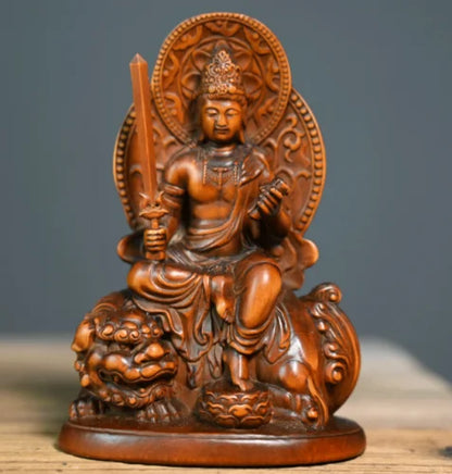 GY029 -12 x 8 x 6 CM Carved Boxwood Figurine Carving - Pair Bodhisattva Manjusri Buddist Sculpture Home Decor