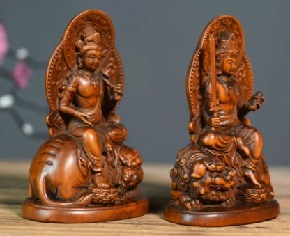 GY029 -12 x 8 x 6 CM Carved Boxwood Figurine Carving - Pair Bodhisattva Manjusri Buddist Sculpture Home Decor
