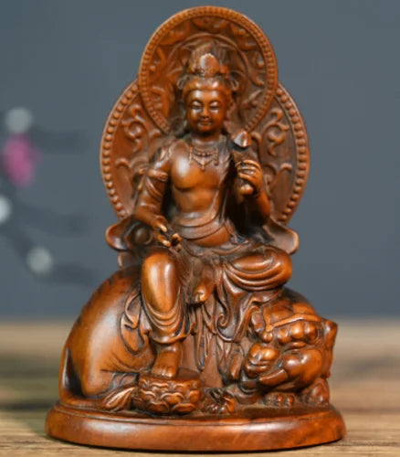 GY029 -12 x 8 x 6 CM Carved Boxwood Figurine Carving - Pair Bodhisattva Manjusri Buddist Sculpture Home Decor