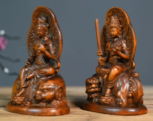 GY029 -12 x 8 x 6 CM Carved Boxwood Figurine Carving - Pair Bodhisattva Manjusri Buddist Sculpture Home Decor