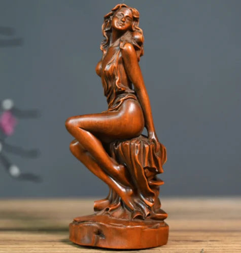GY031 - 15 CM High Carved Boxwood Figurine Carving  - Beautiful Girl Lady Woman Sculpture Home Decor
