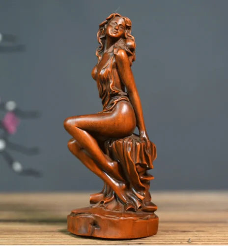 GY031 - 15 CM High Carved Boxwood Figurine Carving  - Beautiful Girl Lady Woman Sculpture Home Decor