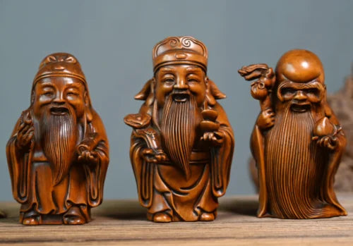 GY032 - 10.5 CM Tall Carved Boxwood Figurine Carving  - Set of 3 Star Gods Sculpture Home Decor