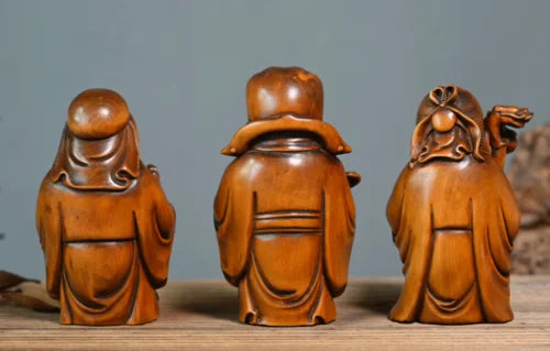 GY032 - 10.5 CM Tall Carved Boxwood Figurine Carving  - Set of 3 Star Gods Sculpture Home Decor