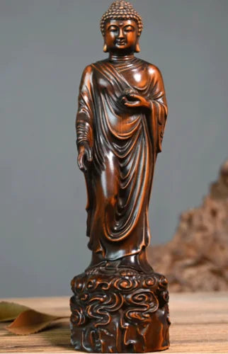 GY034 -22 X 6.3 X5.8 CM Carved Boxwood Figurine Carving  -Sakyamuni Ru Lai Buddha Sculpture Home Decor