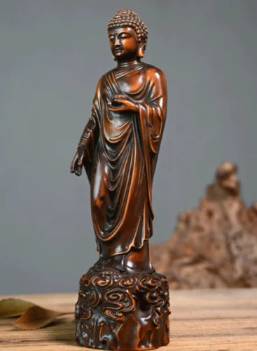 GY034 -22 X 6.3 X5.8 CM Carved Boxwood Figurine Carving  -Sakyamuni Ru Lai Buddha Sculpture Home Decor
