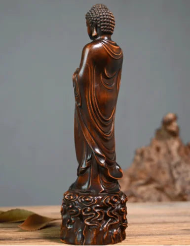 GY034 -22 X 6.3 X5.8 CM Carved Boxwood Figurine Carving  -Sakyamuni Ru Lai Buddha Sculpture Home Decor