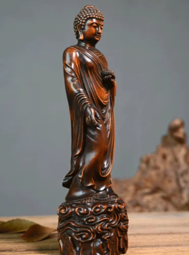 GY034 -22 X 6.3 X5.8 CM Carved Boxwood Figurine Carving  -Sakyamuni Ru Lai Buddha Sculpture Home Decor