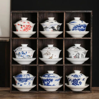 Gaiwan Teacup Extra Large Ceramic Tea Set, Kungfu Single Tea Bowl, Sancai Cup, White Porcelain, Blue and White Hand-held Pot