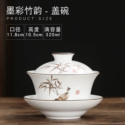 Gaiwan Teacup Extra Large Ceramic Tea Set, Kungfu Single Tea Bowl, Sancai Cup, White Porcelain, Blue and White Hand-held Pot
