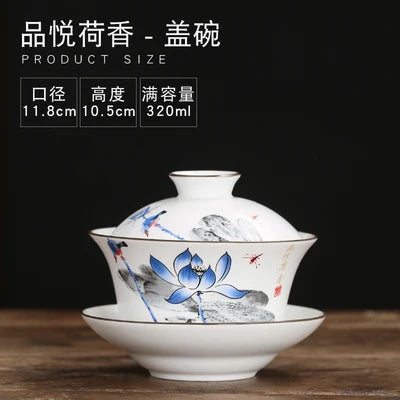 Gaiwan Teacup Extra Large Ceramic Tea Set, Kungfu Single Tea Bowl, Sancai Cup, White Porcelain, Blue and White Hand-held Pot