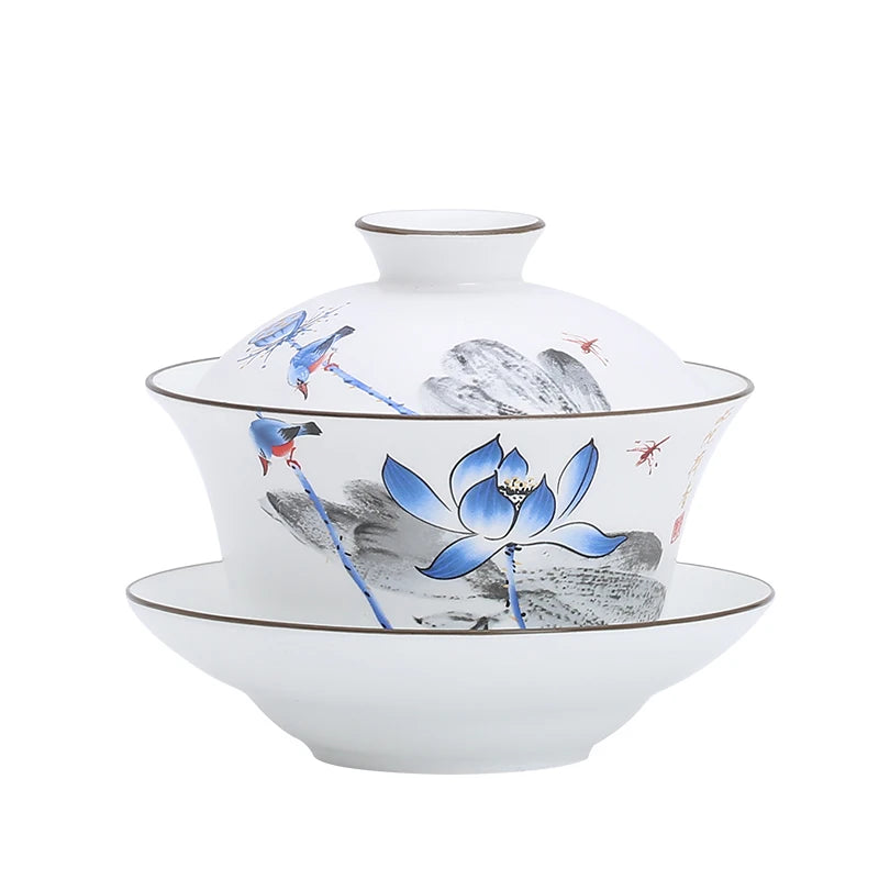 Gaiwan Teacup Extra Large Ceramic Tea Set, Kungfu Single Tea Bowl, Sancai Cup, White Porcelain, Blue and White Hand-held Pot