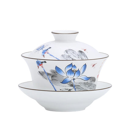 Gaiwan Teacup Extra Large Ceramic Tea Set, Kungfu Single Tea Bowl, Sancai Cup, White Porcelain, Blue and White Hand-held Pot