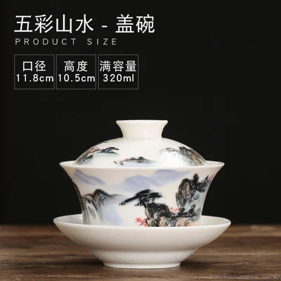 Gaiwan Teacup Extra Large Ceramic Tea Set, Kungfu Single Tea Bowl, Sancai Cup, White Porcelain, Blue and White Hand-held Pot