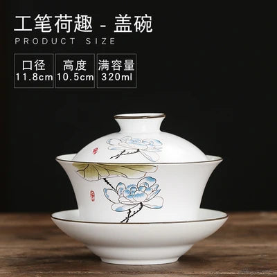 Gaiwan Teacup Extra Large Ceramic Tea Set, Kungfu Single Tea Bowl, Sancai Cup, White Porcelain, Blue and White Hand-held Pot