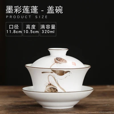 Gaiwan Teacup Extra Large Ceramic Tea Set, Kungfu Single Tea Bowl, Sancai Cup, White Porcelain, Blue and White Hand-held Pot