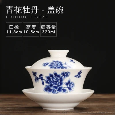 Gaiwan Teacup Extra Large Ceramic Tea Set, Kungfu Single Tea Bowl, Sancai Cup, White Porcelain, Blue and White Hand-held Pot