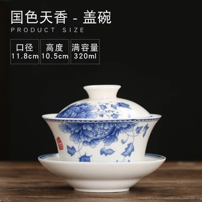 Gaiwan Teacup Extra Large Ceramic Tea Set, Kungfu Single Tea Bowl, Sancai Cup, White Porcelain, Blue and White Hand-held Pot