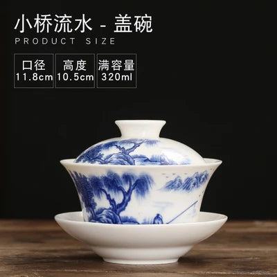 Gaiwan Teacup Extra Large Ceramic Tea Set, Kungfu Single Tea Bowl, Sancai Cup, White Porcelain, Blue and White Hand-held Pot