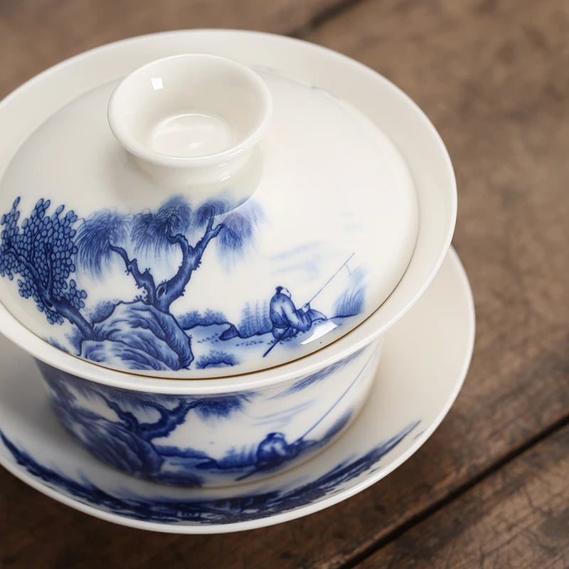 Gaiwan Teacup Extra Large Ceramic Tea Set, Kungfu Single Tea Bowl, Sancai Cup, White Porcelain, Blue and White Hand-held Pot