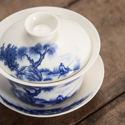 Gaiwan Teacup Extra Large Ceramic Tea Set, Kungfu Single Tea Bowl, Sancai Cup, White Porcelain, Blue and White Hand-held Pot