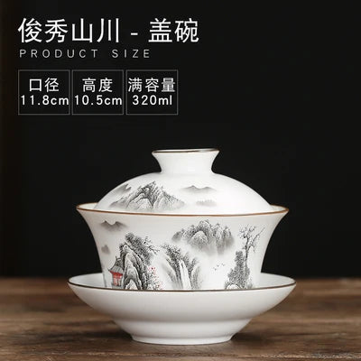 Gaiwan Teacup Extra Large Ceramic Tea Set, Kungfu Single Tea Bowl, Sancai Cup, White Porcelain, Blue and White Hand-held Pot