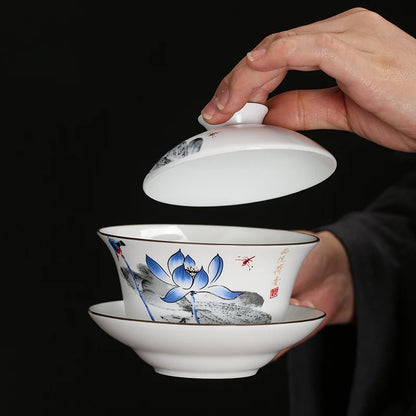 Gaiwan Teacup Extra Large Ceramic Tea Set, Kungfu Single Tea Bowl, Sancai Cup, White Porcelain, Blue and White Hand-held Pot