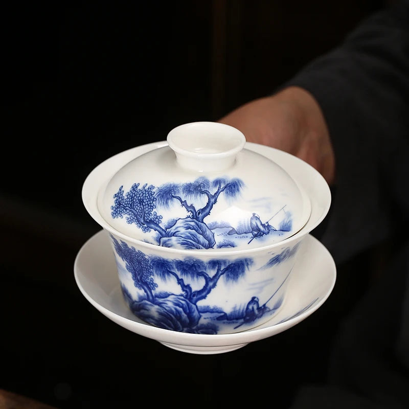 Gaiwan Teacup Extra Large Ceramic Tea Set, Kungfu Single Tea Bowl, Sancai Cup, White Porcelain, Blue and White Hand-held Pot