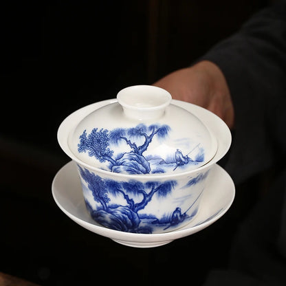 Gaiwan Teacup Extra Large Ceramic Tea Set, Kungfu Single Tea Bowl, Sancai Cup, White Porcelain, Blue and White Hand-held Pot