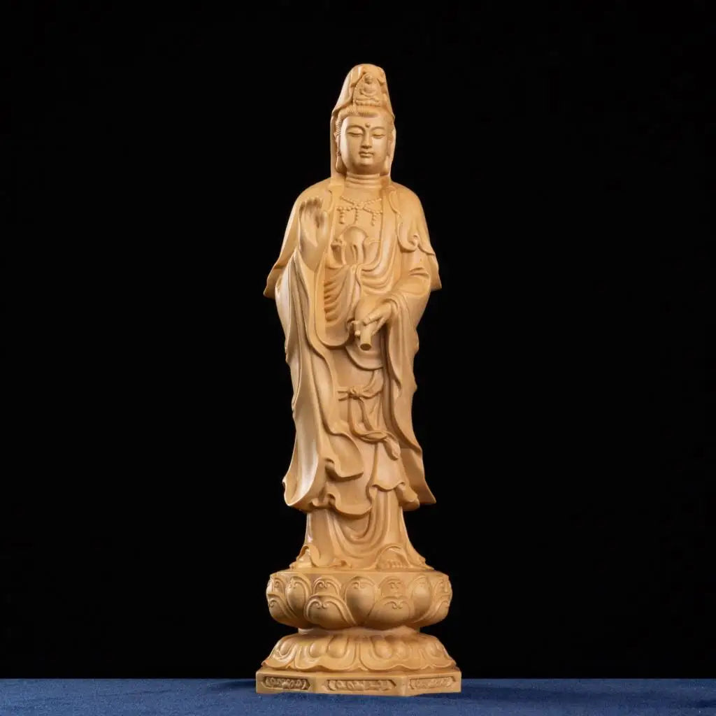 Gautama Buddha Guanyin Solid Wood Chinese Boxwood Carving Wealth God Statue Feng Shui for Home
