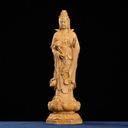 Gautama Buddha Guanyin Solid Wood Chinese Boxwood Carving Wealth God Statue Feng Shui for Home
