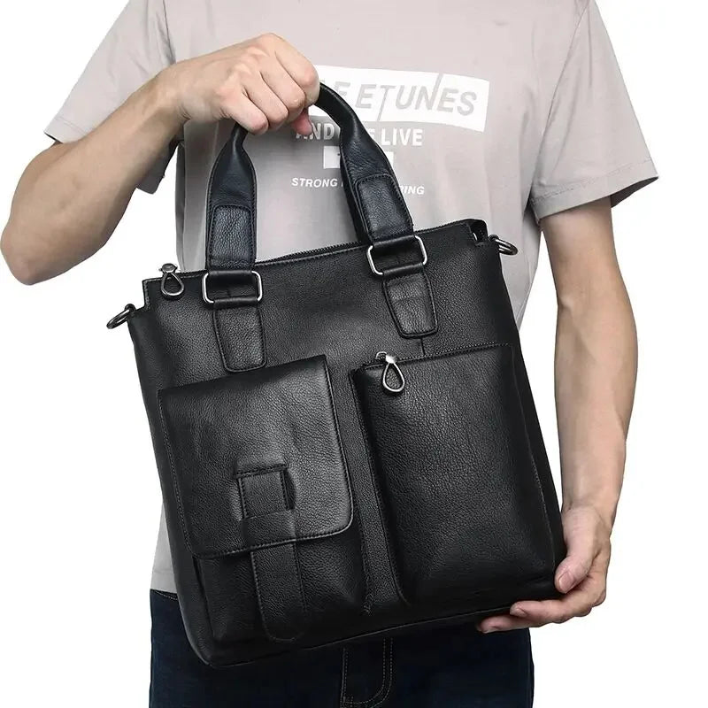 Genuine Briefcase for Men Vertical Real Cowhide Leather Handbag Tote Men's Shoulder Totes Male A4 Messenger Bag