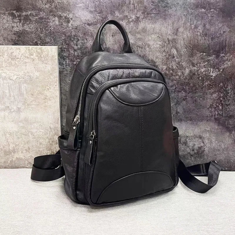 Genuine Leather Backpack For Women Black Cowhide Back Pack Shoulder Bags Large Capacity Casual Commuter Travel Mochilas Bolsas