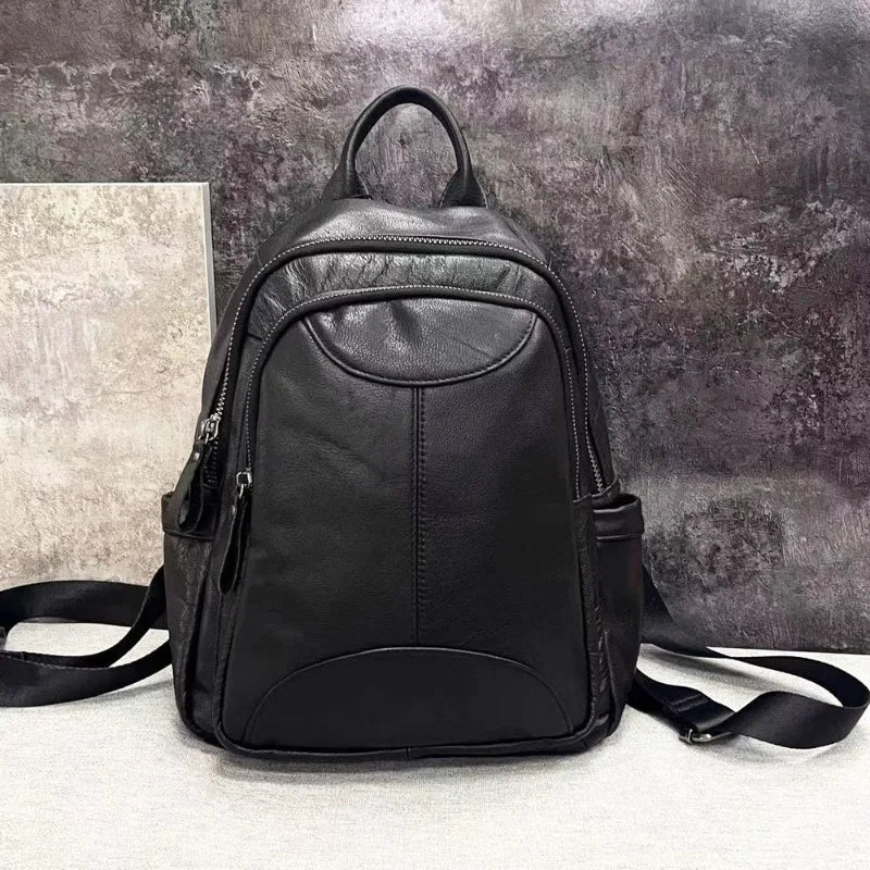Genuine Leather Backpack For Women Black Cowhide Back Pack Shoulder Bags Large Capacity Casual Commuter Travel Mochilas Bolsas