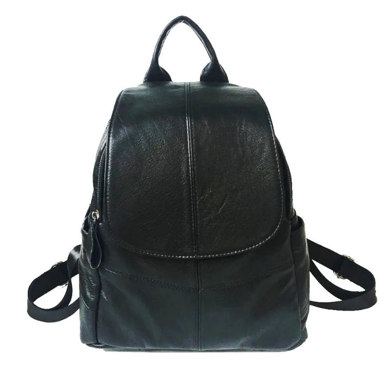 Genuine Leather Backpacks Simple All-match Double Zipper Black Cowhide Mochila Design Casual All-match Sac A Dos Female Bolsas