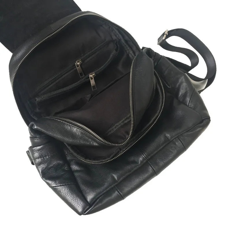 Genuine Leather Backpacks Simple All-match Double Zipper Black Cowhide Mochila Design Casual All-match Sac A Dos Female Bolsas