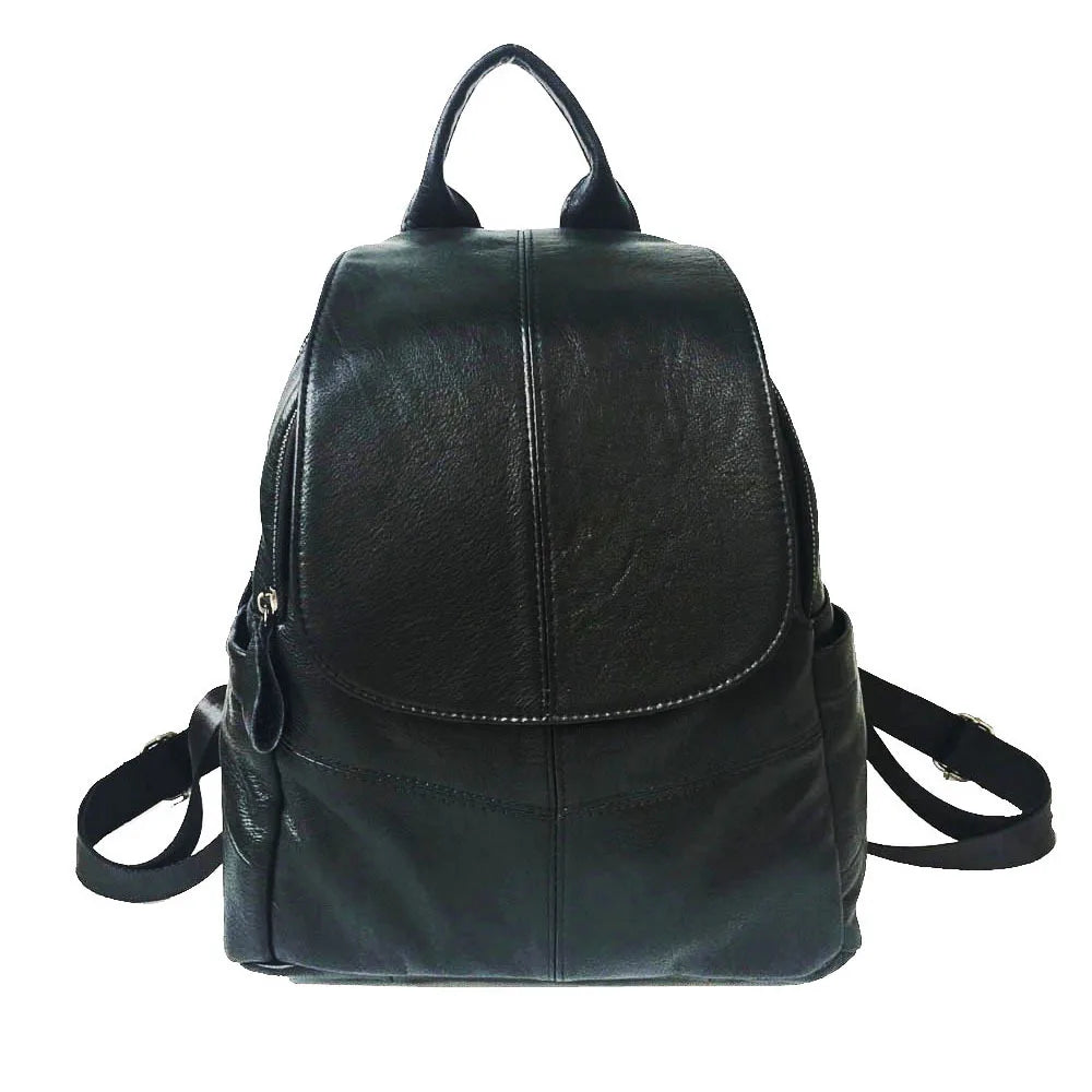 Genuine Leather Backpacks Simple All-match Double Zipper Black Cowhide Mochila Design Casual All-match Sac A Dos Female Bolsas
