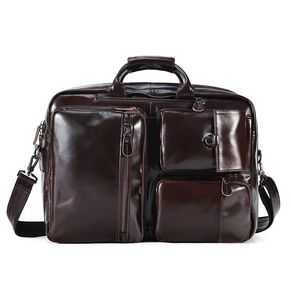 Genuine Leather Briefcase for Men Messenger Bag Multifunction Purpose 17.3" Laptop Backpack High Capacity Travel Rucksack