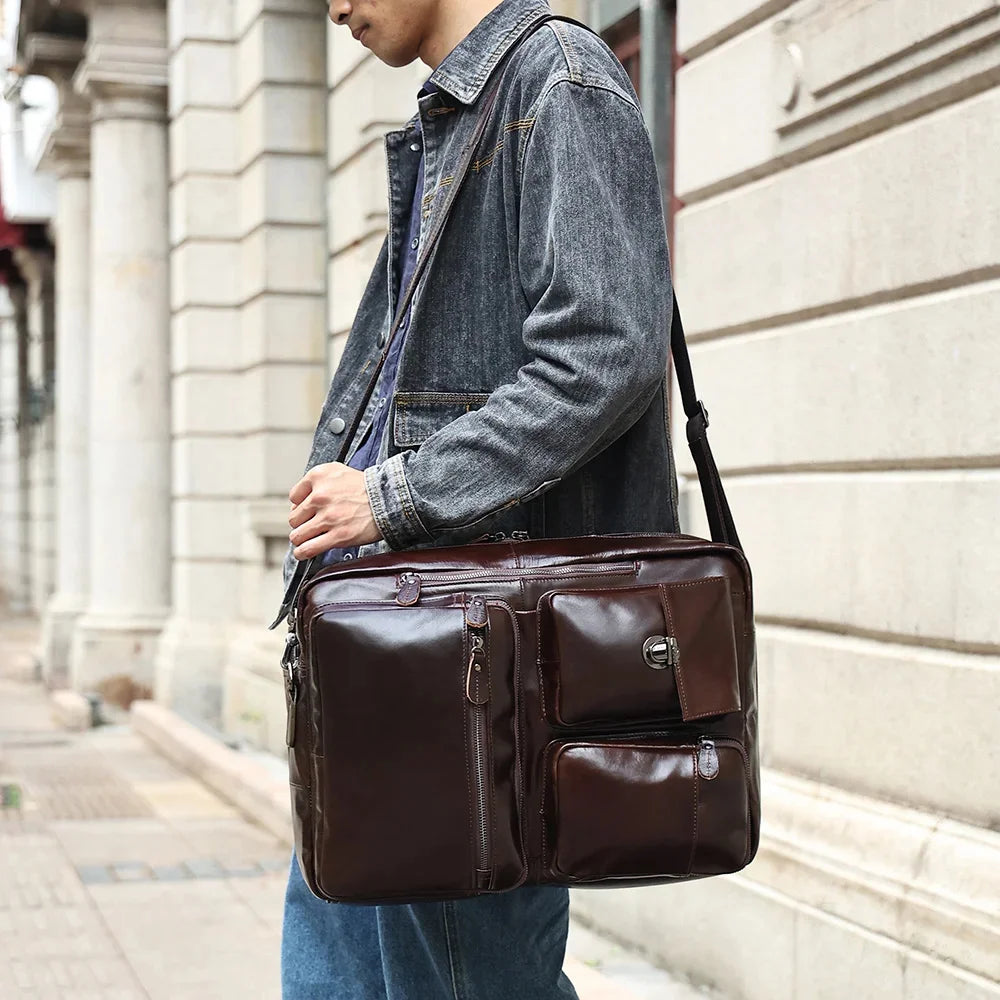 Genuine Leather Briefcase for Men Messenger Bag Multifunction Purpose 17.3" Laptop Backpack High Capacity Travel Rucksack