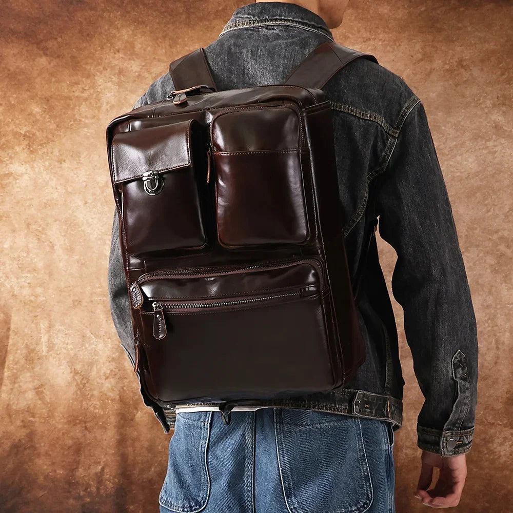 Genuine Leather Briefcase for Men Messenger Bag Multifunction Purpose 17.3" Laptop Backpack High Capacity Travel Rucksack