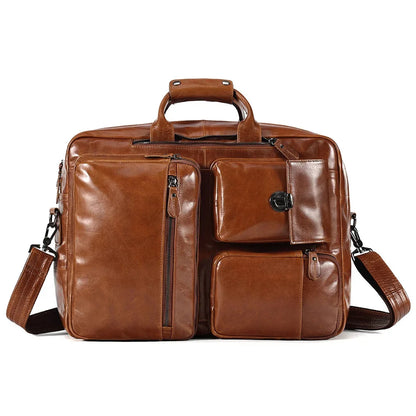 Genuine Leather Briefcase for Men Messenger Bag Multifunction Purpose 17.3" Laptop Backpack High Capacity Travel Rucksack