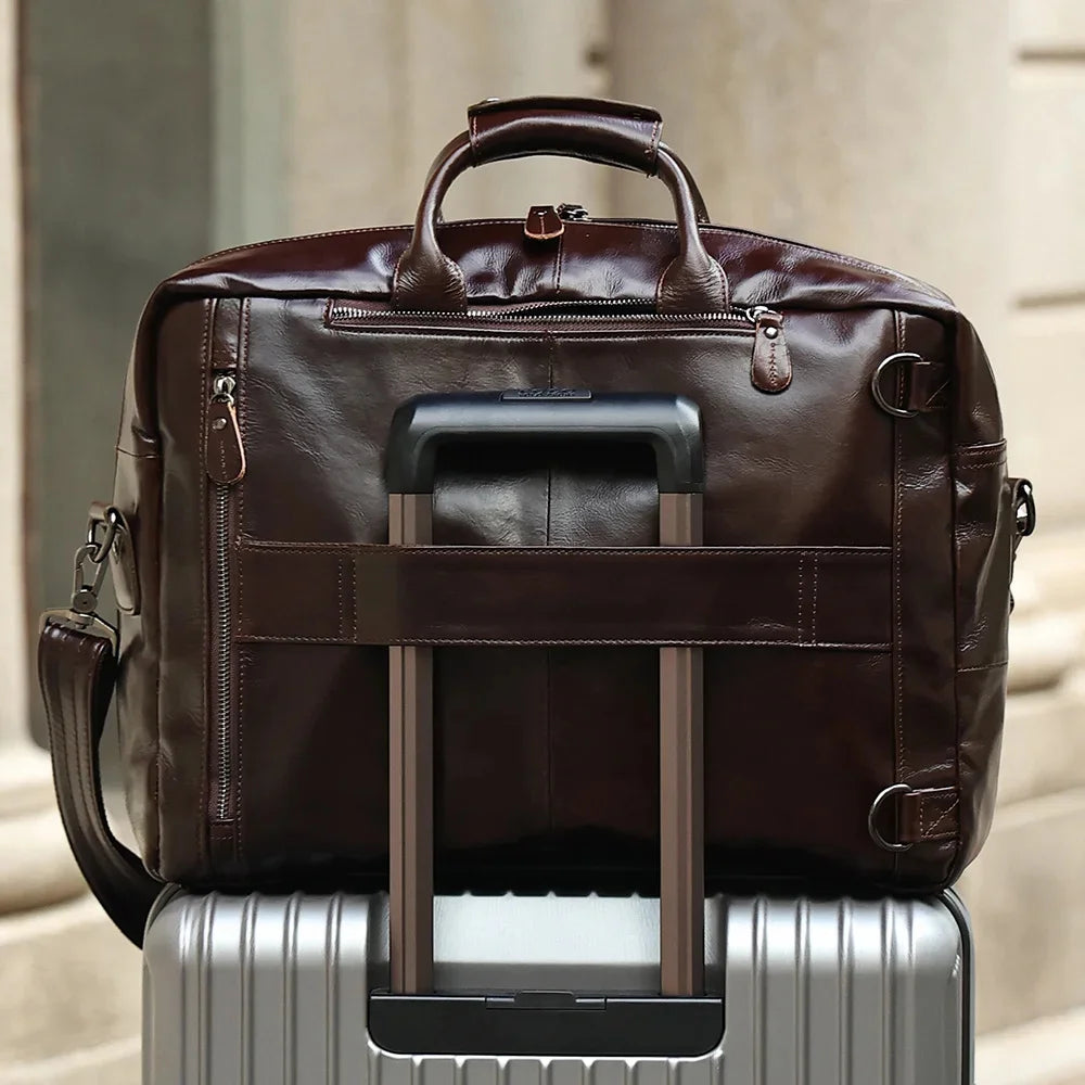 Genuine Leather Briefcase for Men Messenger Bag Multifunction Purpose 17.3" Laptop Backpack High Capacity Travel Rucksack