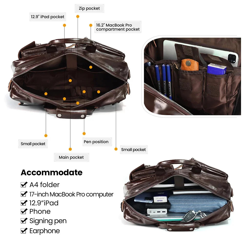 Genuine Leather Briefcase for Men Messenger Bag Multifunction Purpose 17.3" Laptop Backpack High Capacity Travel Rucksack