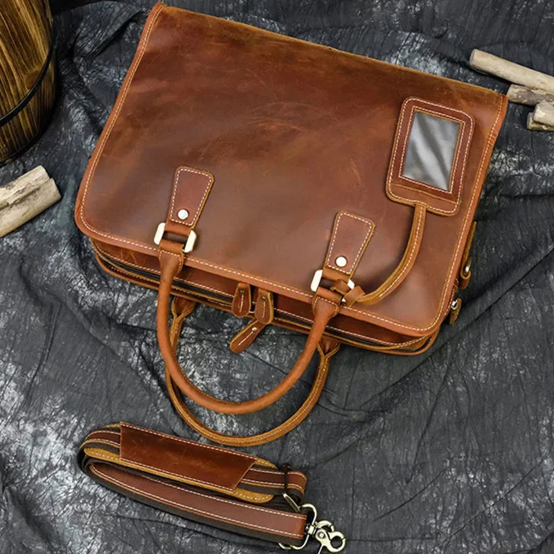 Genuine Leather Briefcases For Men Business Handbag Tote 15"6 Laptop Computer Vintage Male Shoulder Messenger Bag